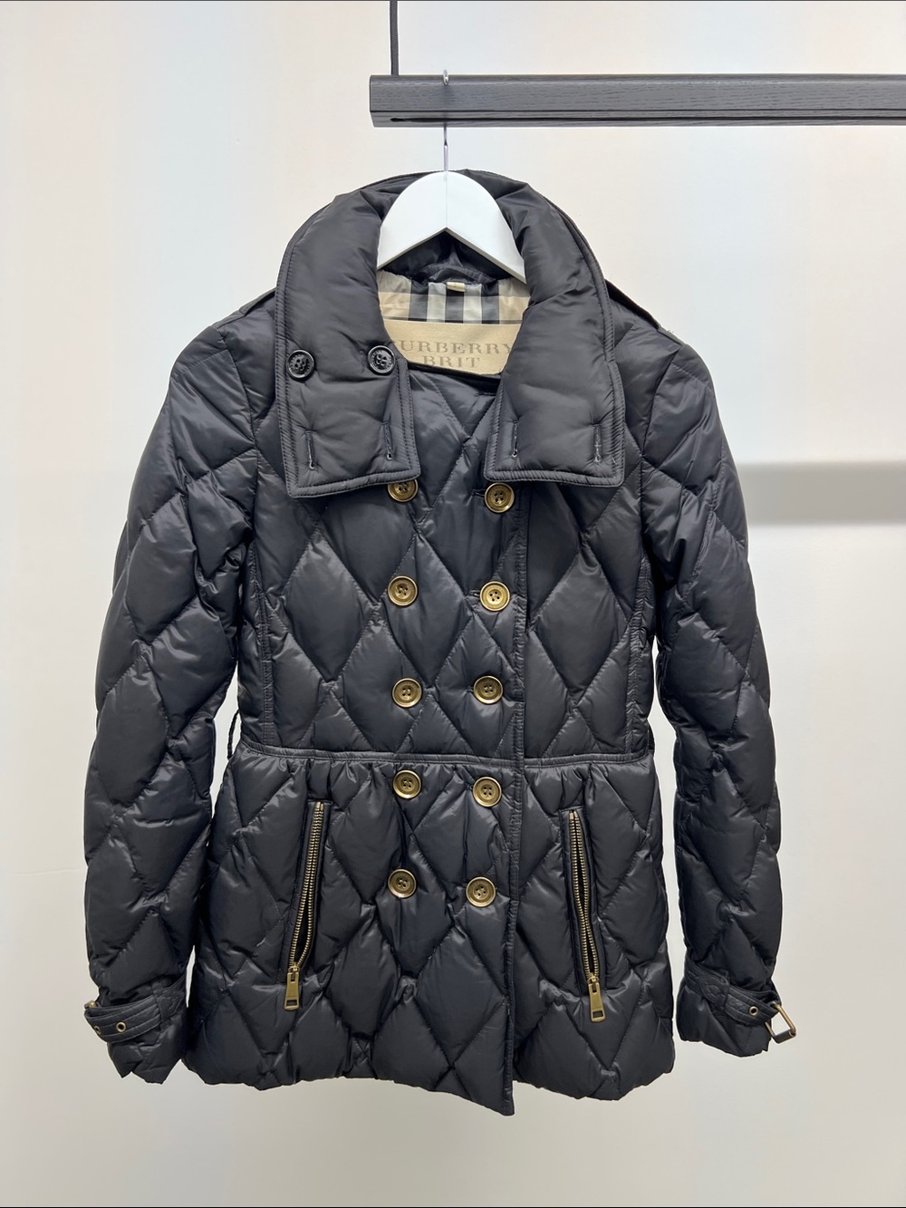 Burberry Black Quilted Double-Breasted Puffer Coat with Gold Buttons